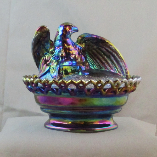 Westmoreland for Levay Black Amethyst Spread Wing Eagle Carnival Glass Covered Animal Bowl Westmoreland for Levay Black Amethyst Spread Wing Eagle Carnival Glass Covered Animal Bowl