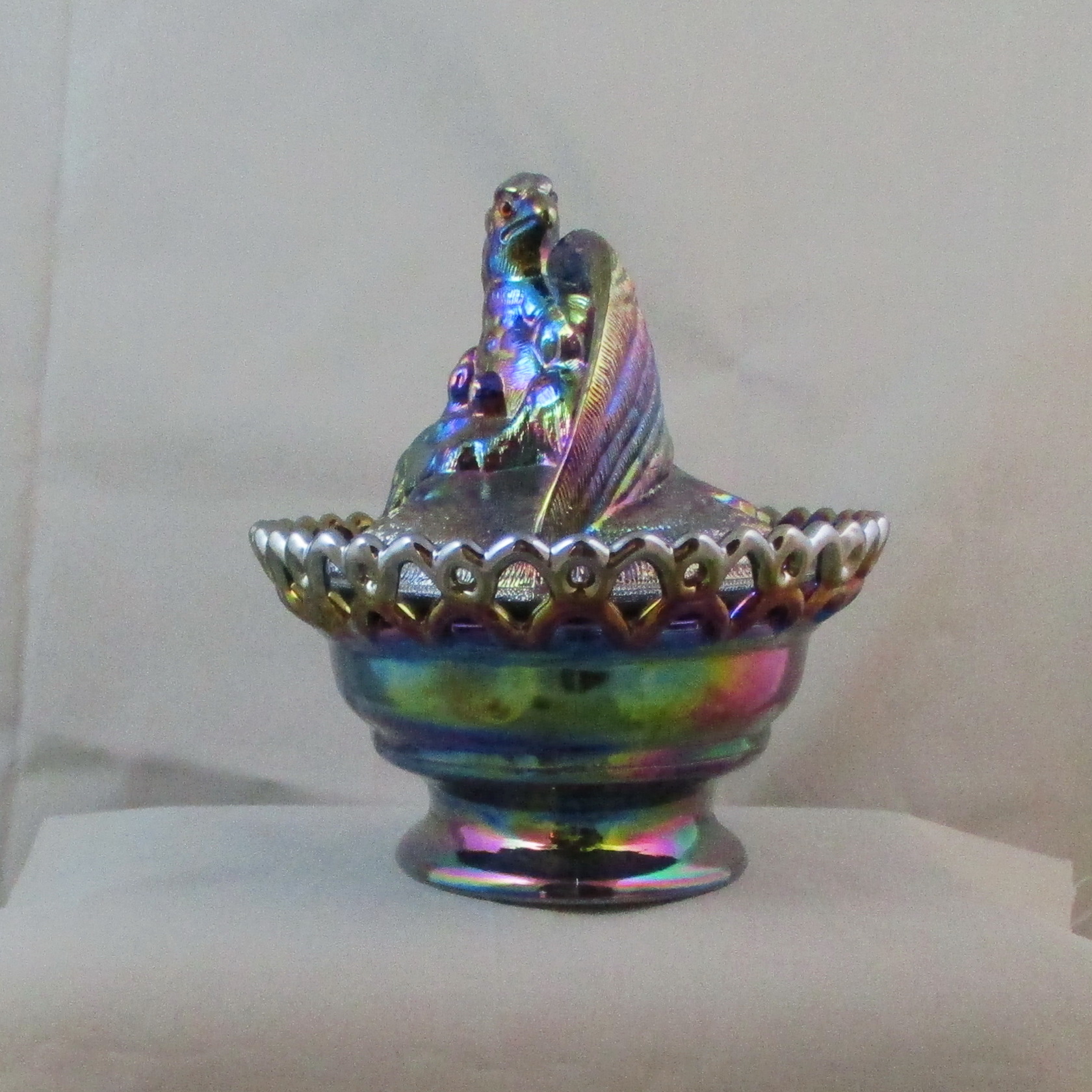 Westmoreland for Levay Black Amethyst Spread Wing Eagle Carnival Glass Covered Animal Bowl Westmoreland for Levay Black Amethyst Spread Wing Eagle Carnival Glass Covered Animal Bowl
