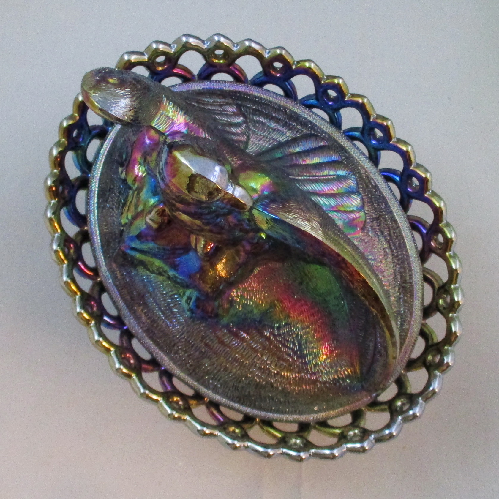Westmoreland for Levay Black Amethyst Spread Wing Eagle Carnival Glass Covered Animal Bowl Westmoreland for Levay Black Amethyst Spread Wing Eagle Carnival Glass Covered Animal Bowl