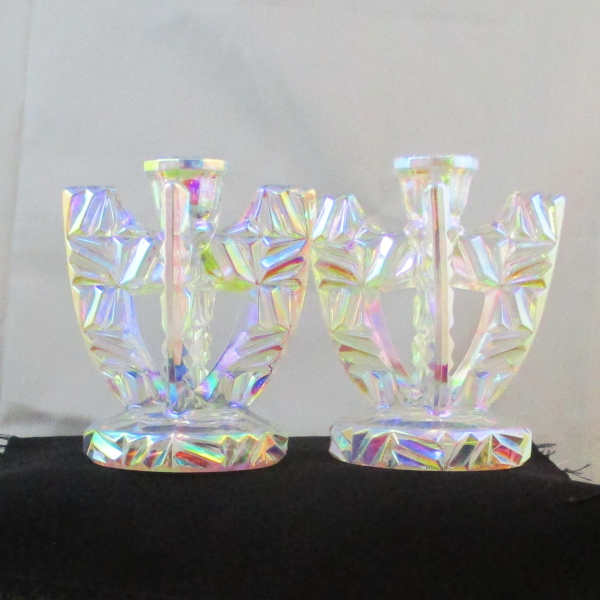 Libochovice White "Winged" Carnival Glass Candle Holder Pair Libochovice White "Winged" Carnival Glass Candle Holder Pair