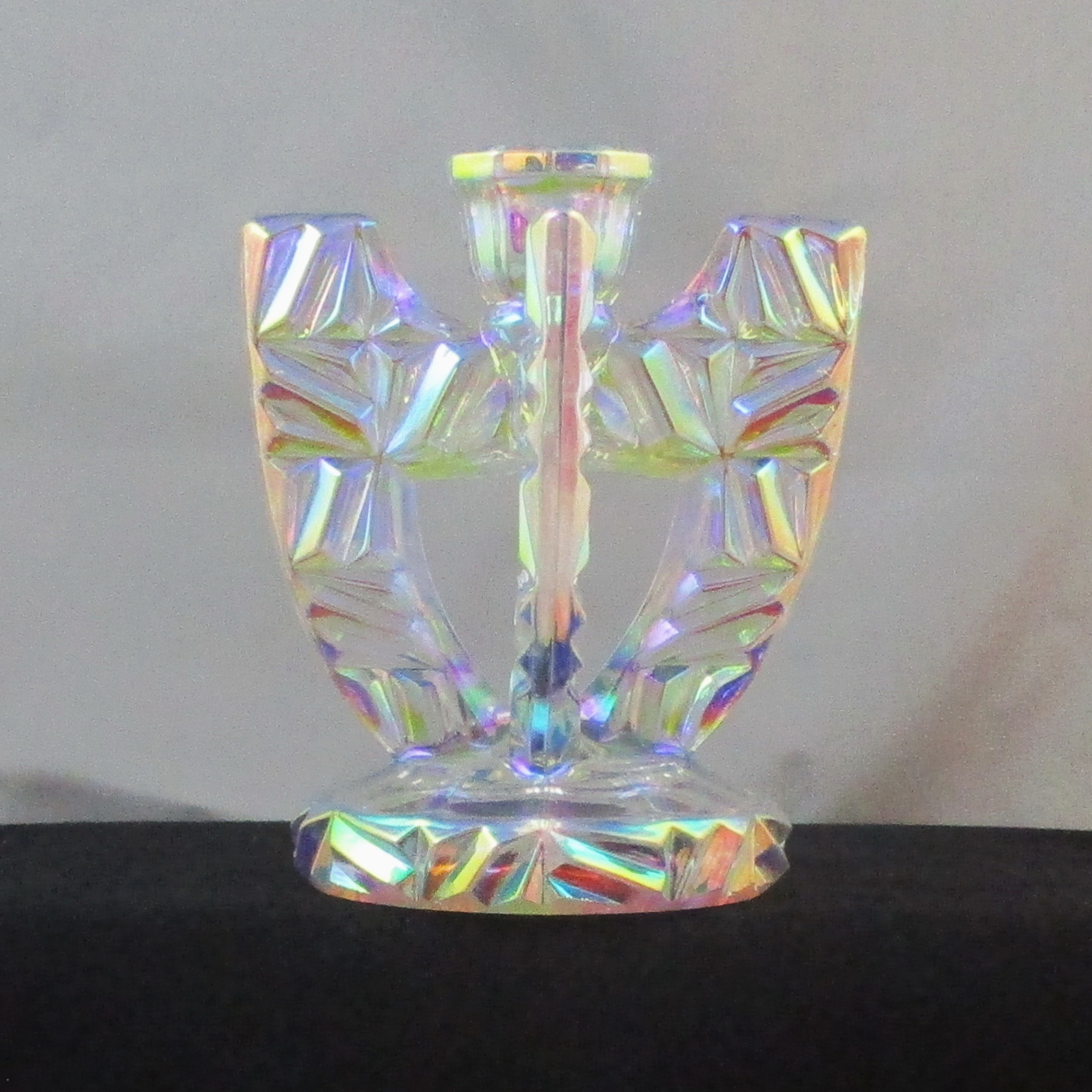 Libochovice White "Winged" Carnival Glass Candle Holder Pair Libochovice White "Winged" Carnival Glass Candle Holder Pair