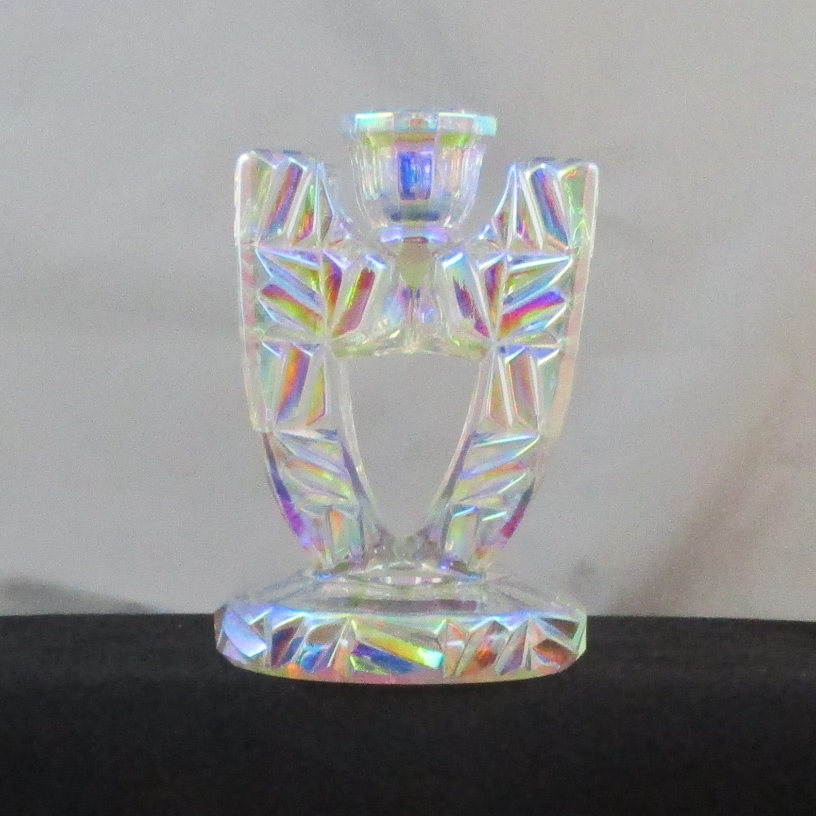 Libochovice White "Winged" Carnival Glass Candle Holder Pair Libochovice White "Winged" Carnival Glass Candle Holder Pair
