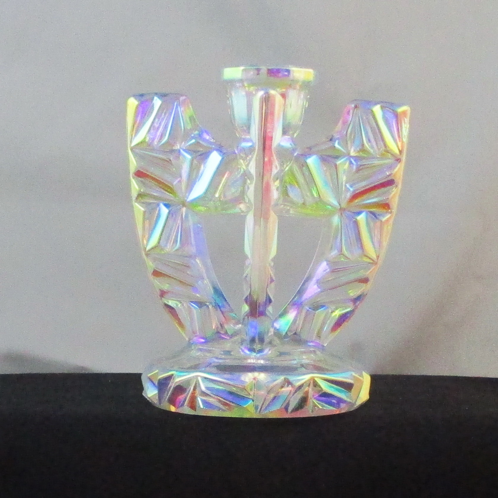Libochovice White "Winged" Carnival Glass Candle Holder Pair Libochovice White "Winged" Carnival Glass Candle Holder Pair