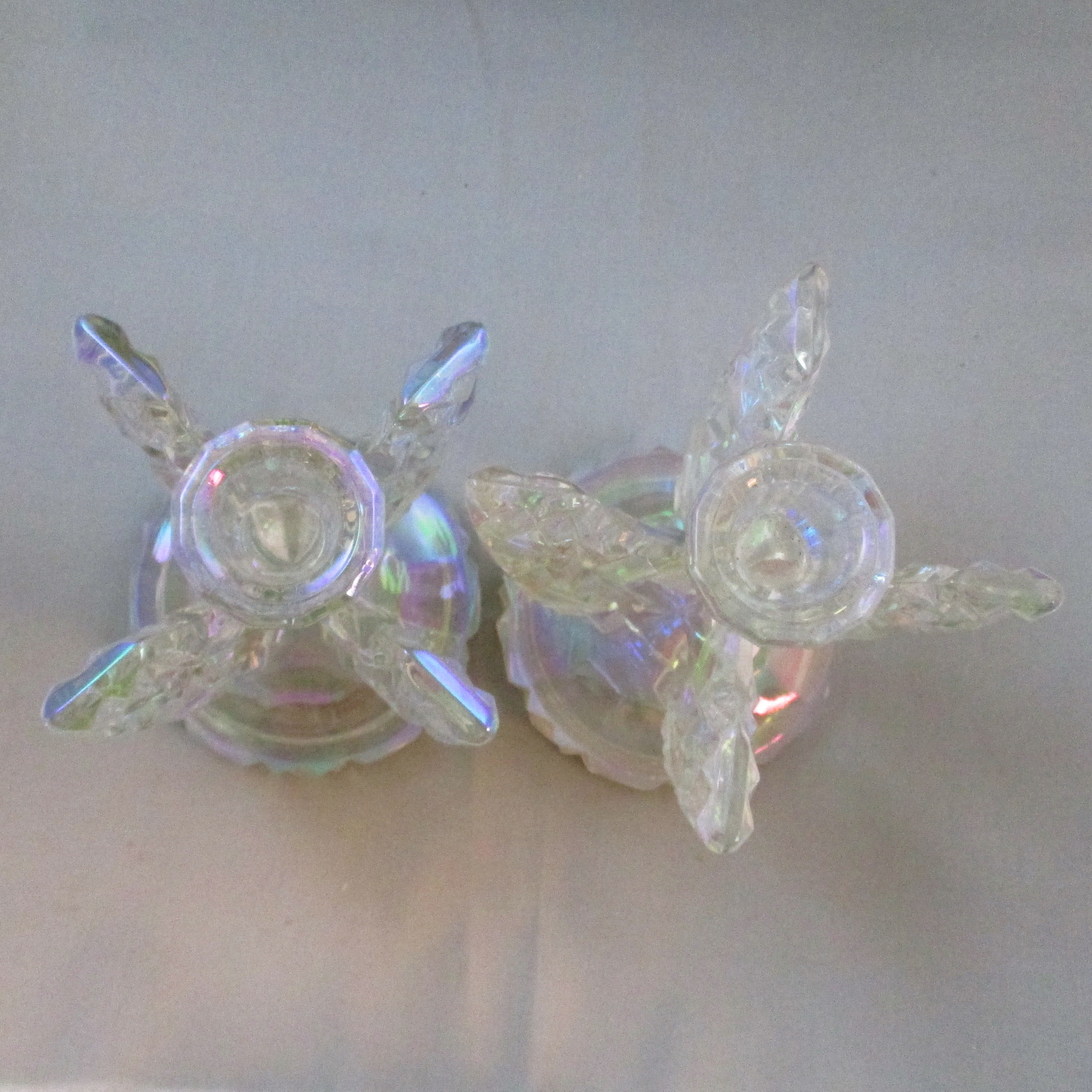Libochovice White "Winged" Carnival Glass Candle Holder Pair Libochovice White "Winged" Carnival Glass Candle Holder Pair
